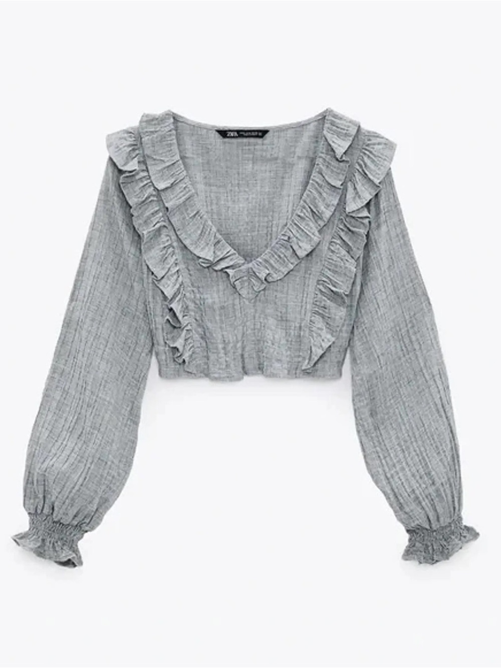 Zara Gray Ruffled V-Neck Striped Cropped Blouse